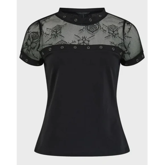 Killstar Black Lace Yoke Eyelet Short Sleeve Top - Picture 1 of 4